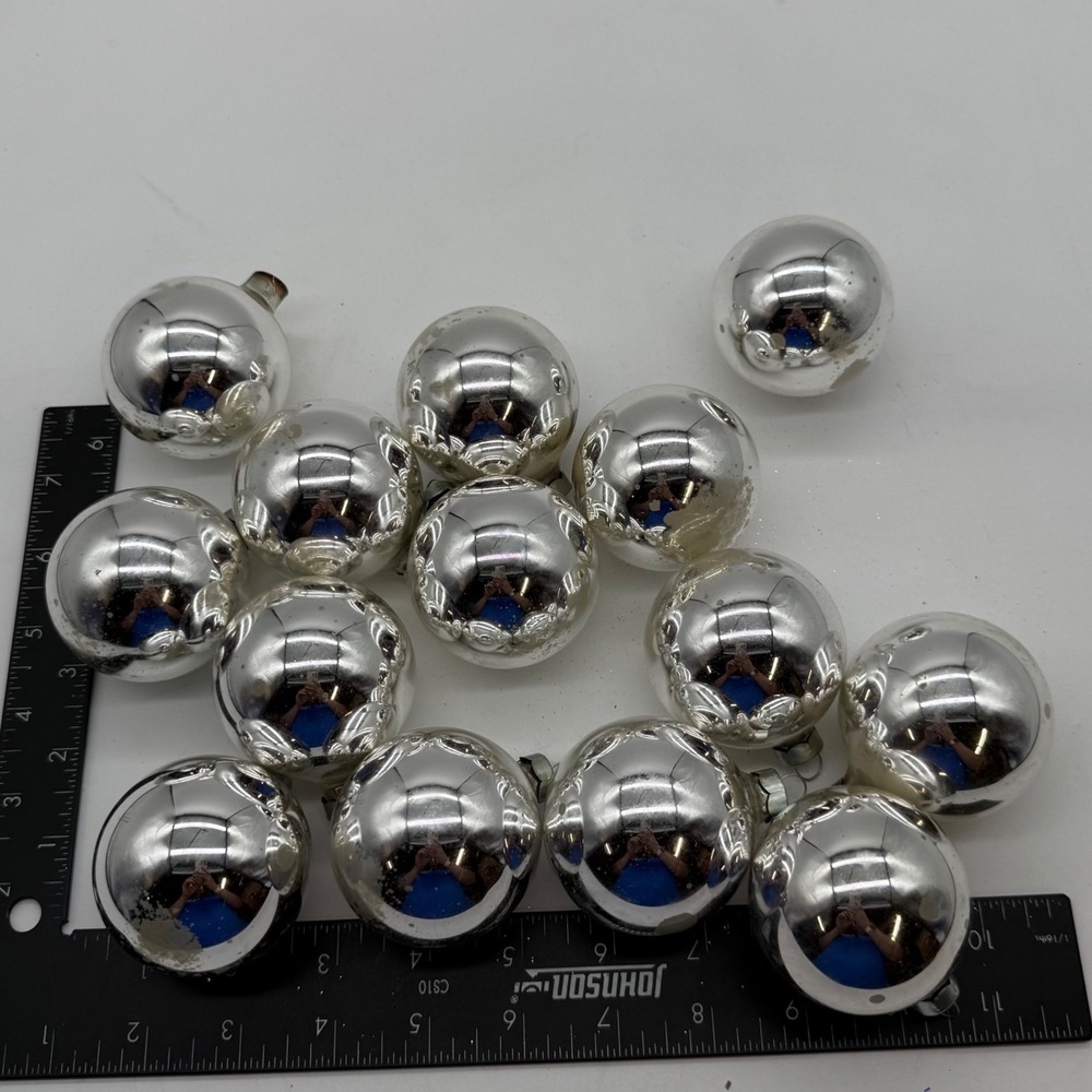 Vintage Rauch Silver Glass Ball Christmas Ornaments Set of 14 Mercury Glass MCM